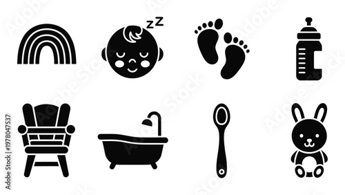 A collection of black glyph icons representing baby related items such as a rainbow bottle and rocking chair high quality professional