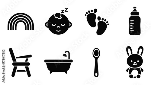 A collection of simple black glyphs depicting baby related items including a rainbow footprints and bottle high quality professional detailed modern