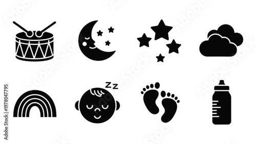 A collection of black silhouette icons depicting baby related themes including sleep dreams and childhood objects high quality professional detailed modern
