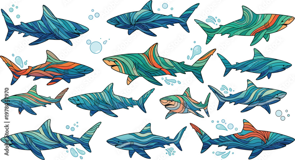 Fototapeta premium Colorful Shark Illustration Set with Abstract Pattern Texture, Ocean Marine Animals, Underwater Wildlife, and Creative Decorative Fish Design Collection