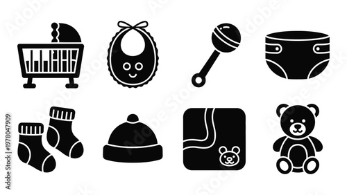 A collection of black silhouette icons depicts essential baby items including a crib bib rattle and diaper high quality professional detailed