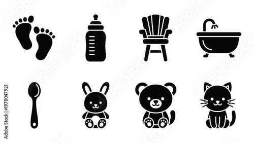 A collection of black silhouette icons representing baby essentials like footprints bottles furniture and toys high quality professional detailed modern elegant