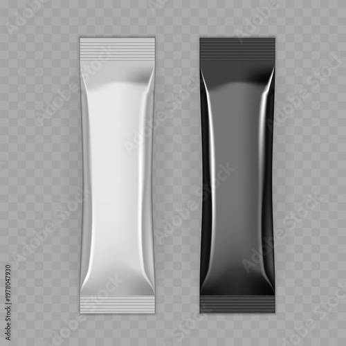 Realistic Silver and Black Stick Pack Mockup Set. Vector Glossy Foil Sachet Templates for Coffee, Sugar or Powder.