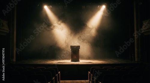 Podium Under Bright Spotlight on Dark Empty Stage