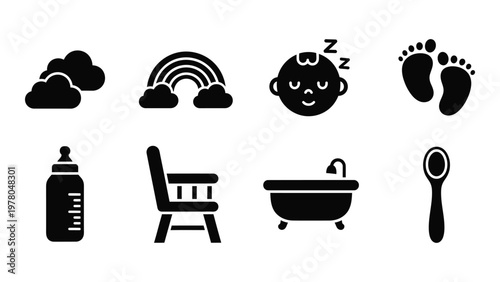 A collection of black silhouette icons depicts baby related items including a sleeping infant bottle and bath high quality professional detailed