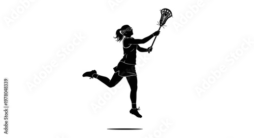 Silhouette of a female lacrosse player in action, jumping with stick