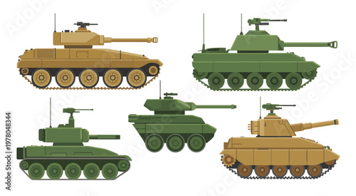 Military armored vehicle collection vector illustration, flat style set of army tank and combat transport icons isolated on white background, including armored personnel carriers 