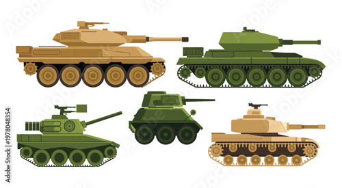 Military armored vehicle collection vector illustration, flat style army tank and combat transport icons isolated on white background, clean and minimal design representing ground defense vehicles,