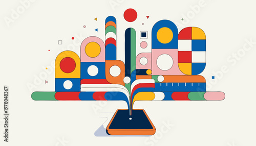 Colorful modular finance elements and connected blocks form a compact fintech system illustration