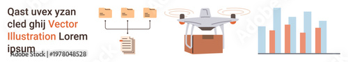 Data storage, delivery logistics, analytics, documentation process, technology innovation, business strategy. Folders linked to a document, quadcopter carrying a package and a bar graph. Data