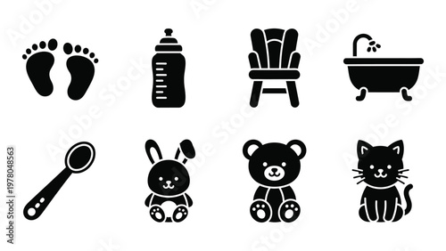 A collection of black silhouette icons depicts baby related items including footprints bottles and toys high quality professional detailed modern elegant