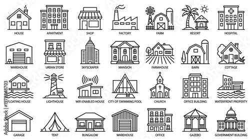 Building Architecture Icon Collection Illustration Various Property Types from Residential Houses to Commercial Structures and Public Facilities Outline Design