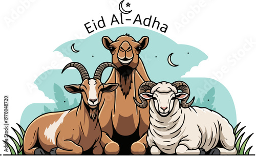 Eid Al-Adha greeting vector with sacrificial animals, camel goat and sheep illustration, Islamic festival celebration banner with crescent moon