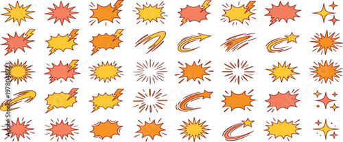 Explosive surprise comic line golden effect set. Hand drawn doodle cartoon speed effect, gold explosive burst action elements. Comic cartoon surprise line luxury shapes. Vector illustration