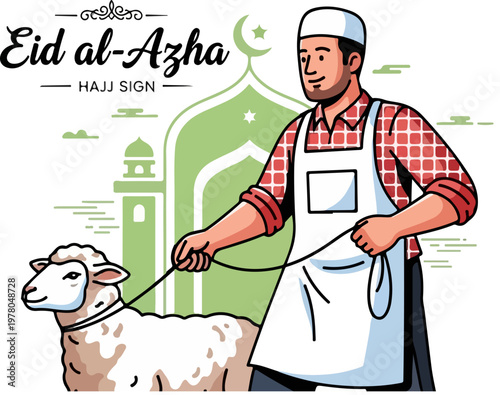Eid al-Azha Hajj Sign vector illustration, Muslim man with sacrificial sheep for Qurban, Islamic holiday celebration poster with mosque background