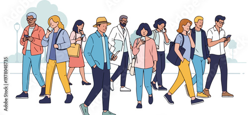Diverse people walking and using smartphones, crowd of multiracial men and women with mobile phones, flat vector illustration of urban pedestrians