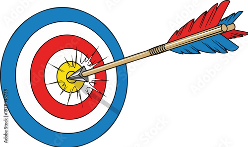 Bullseye target with arrow hitting center, archery goal achievement concept, red blue and yellow circular dartboard vector illustration
