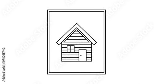 Simple Line Art Icon of a Wooden Cabin with Door and Window