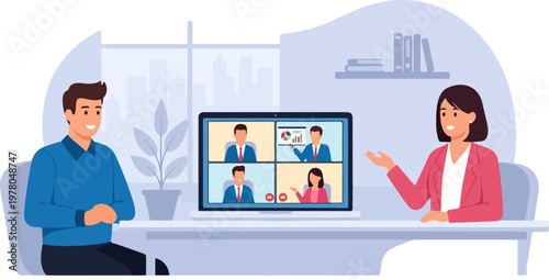 Online business meeting vector illustration, professional video conference on laptop screen, corporate team remote work and digital collaboration