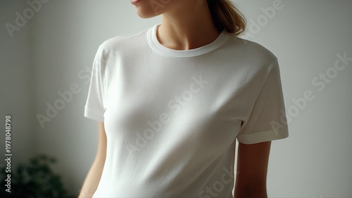 Minimalist Portrait of a Young Woman Wearing a Plain White Crew Neck T-Shirt in Natural Light