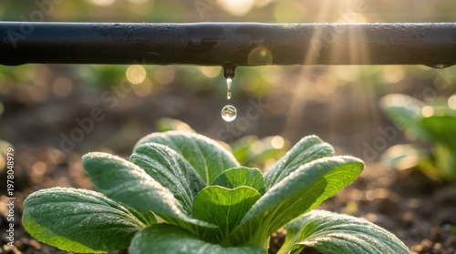 Drip Irrigation System Close Up on Green Plant