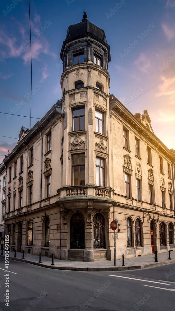 Fototapeta premium Ornate historical building with a corner turret, bathed in warm sunset hues