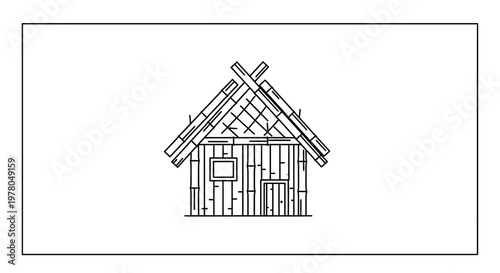 Rustic Wooden Cabin Outline Icon, Simple House Drawing, Minimalist Nature Dwelling Symbol