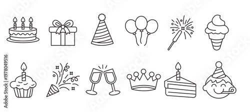 Birthday Celebration Party Icons Balloon Gift Cake Festive Set