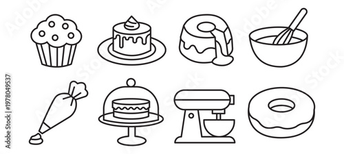 Sweet Dessert Cake Icons Bakery Pastry Food Outline Set