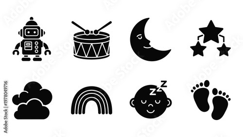 A collection of black silhouette icons depicts childhood themes a robot drum moon stars cloud rainbow baby and footprints high quality