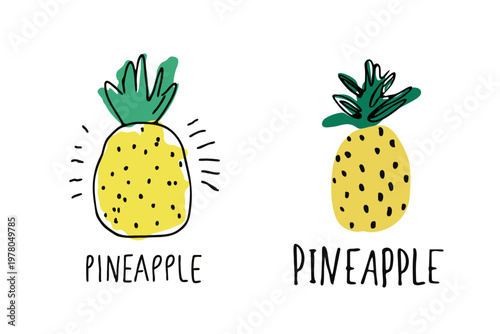 Cute pineapple set in naive art style, hand drawn vector illustration with childish doodle tropical fruit design. 