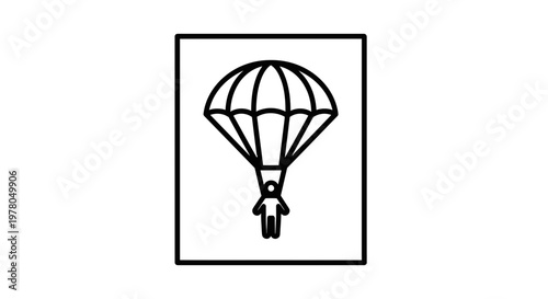 Parachutist Icon: Person Skydiving Silhouette in Square Frame, Adventure and Freedom Concept
