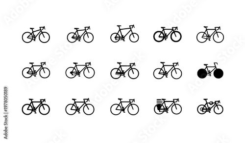 Modern bicycle logo icon set with road mountain and city bike symbols in clean flat vector style isolated on white