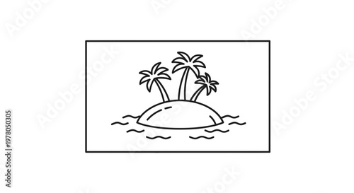 Minimalist Tropical Island Paradise with Palm Trees and Ocean Waves Line Art