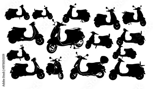 Dynamic Vespa scooter silhouette collection with retro and modern scooters in bold black vector style