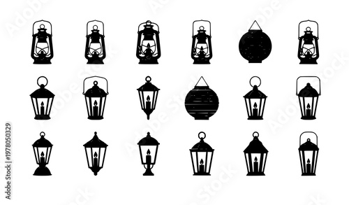 Lantern silhouette vector set with classic hanging oil lamps paper and candle lanterns isolated on white