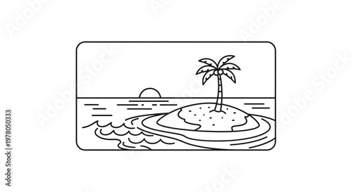 Minimalist Tropical Island Sunset Line Art: Palm Tree Oasis in Ocean