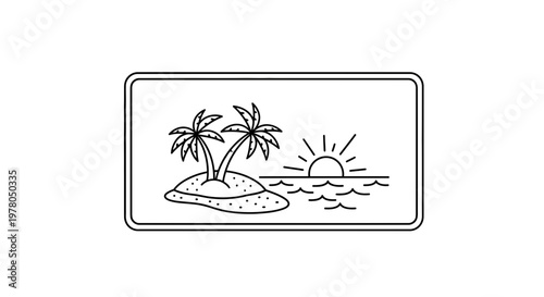 Minimalist Tropical Island Sunset Line Art: Palm Trees, Ocean, Sun