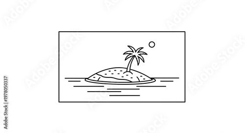 Minimalist Tropical Island with Palm Tree and Sun in Ocean - Line Art