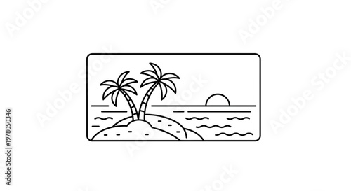 Minimalist tropical island with palm trees and sunset over the ocean, line art vector illustration