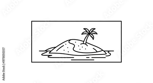 Minimalist Tropical Island with Palm Tree in Ocean - Line Art Illustration