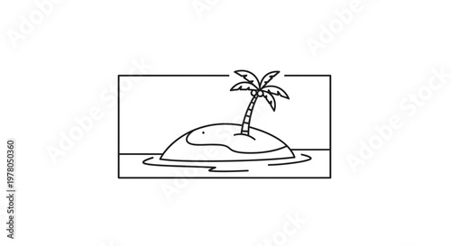 Minimalist Tropical Island with Palm Tree Line Art Illustration