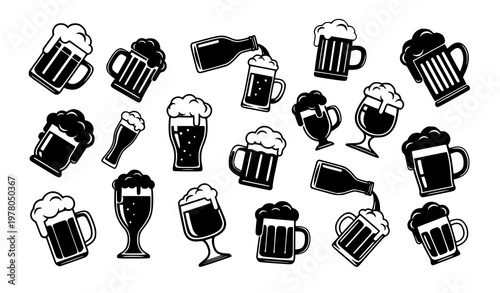 Beer glass vector icon set with pint mugs steins and frothy glasses isolated on white background