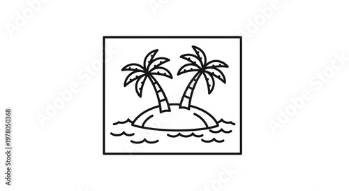 Minimalist Tropical Island with Palm Trees in Ocean - Line Art Icon