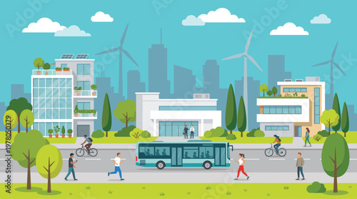 Sustainable Green City Illustration Modern Urban Environment with Renewable Energy Wind Turbines Solar Panels Eco Friendly Transportation and Architecture