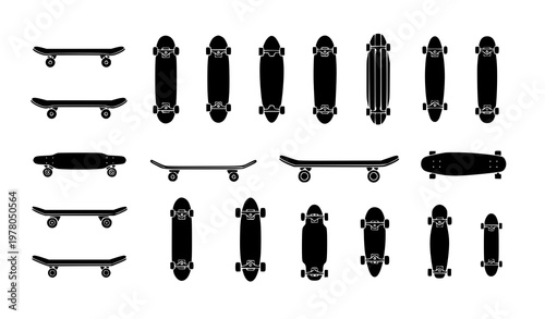 Skateboard silhouette vector set with street longboard cruiser deck shapes isolated on white background