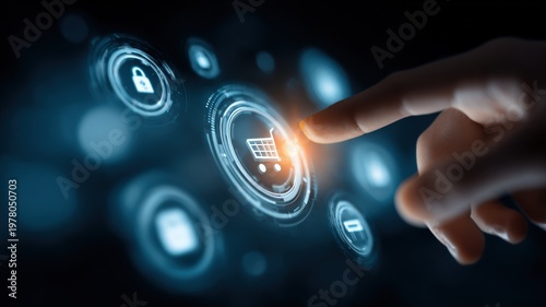 Finger touching futuristic digital shopping cart icon, representing online retail and e-commerce technology