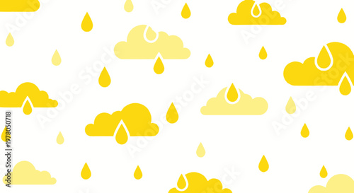Abstract Yellow Clouds and Raindrops Seamless Pattern, Minimalist Weather Background
