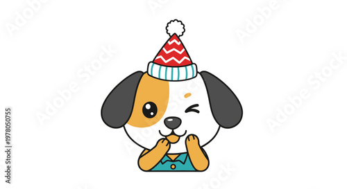 Cute cartoon dog wearing a festive Christmas hat, winking and playful