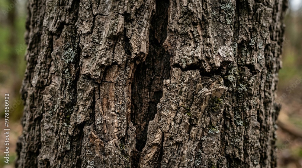 Obraz premium Close-up of rough, textured tree bark with a deep vertical crack in a forest setting